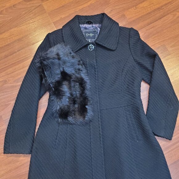 Jessica Simpson Black Faux Fur Collar Textured Womens Coat L - Picture 15 of 16